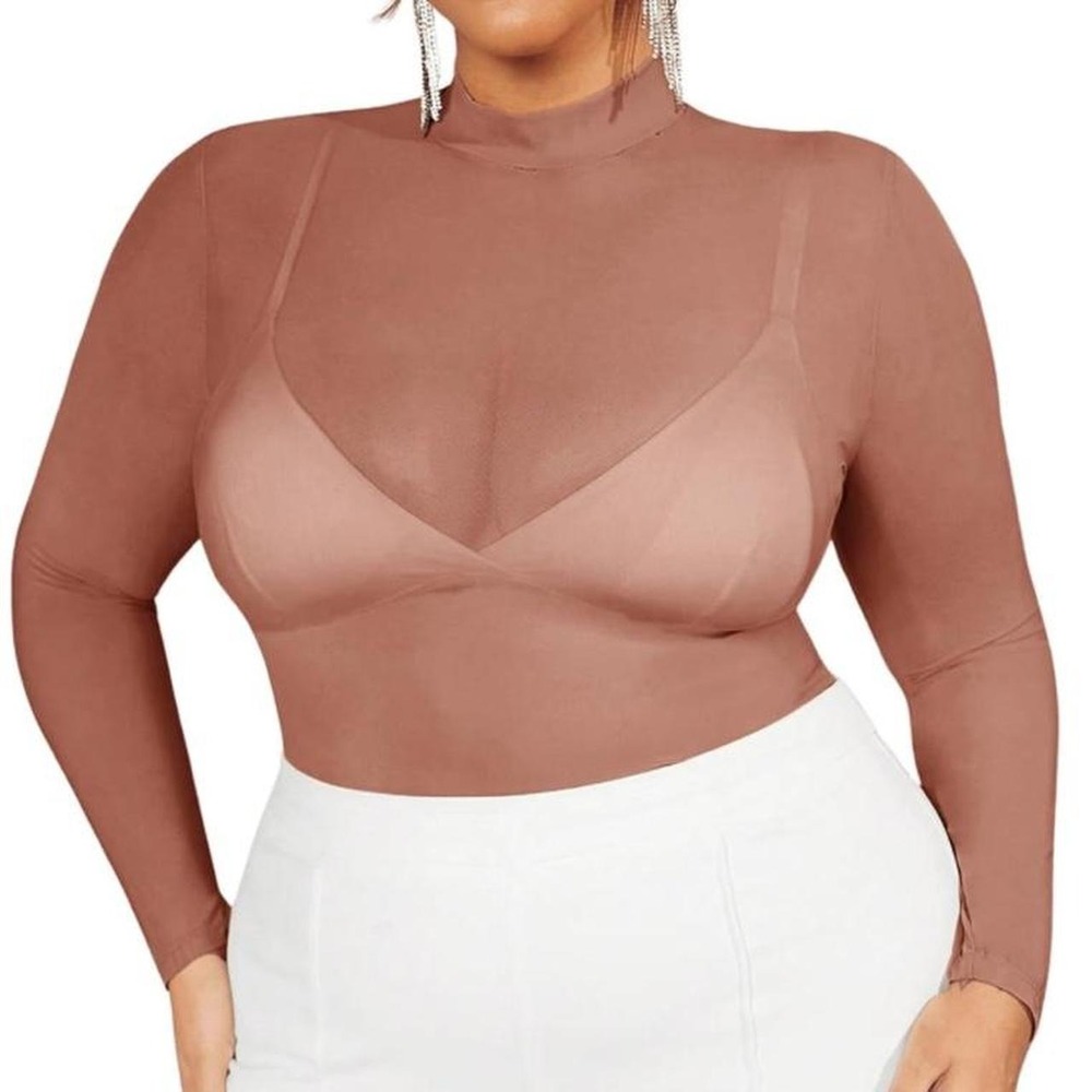 COZYEASE Women's Plus Size Sheer Mesh Tops Mock Neck Long Sleeve Tee